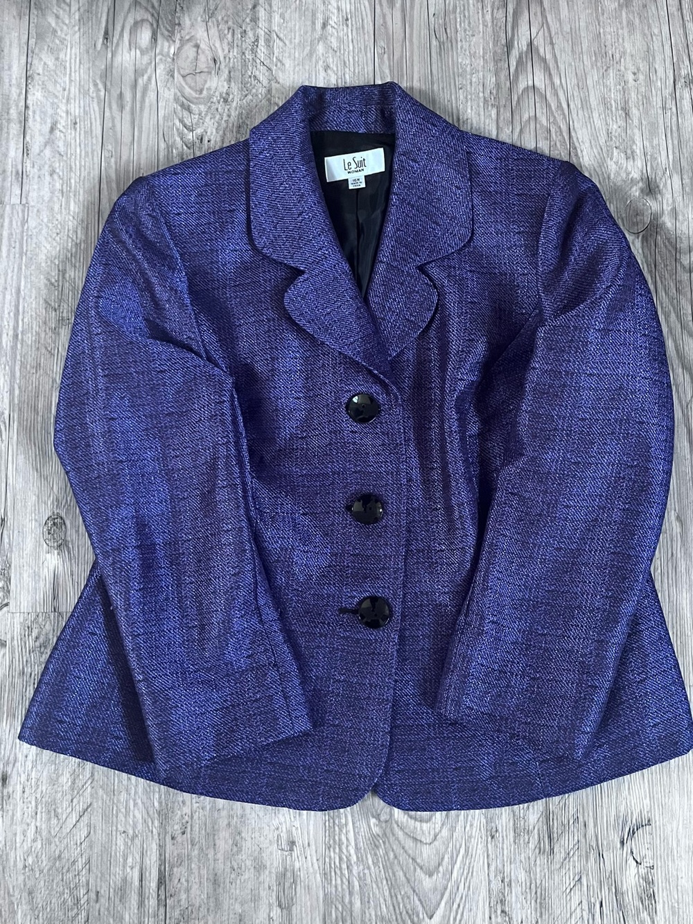 Le Suit Woman Purple Metallic Shimmer Textured Lined 3 Button Blazer Jacket 16W